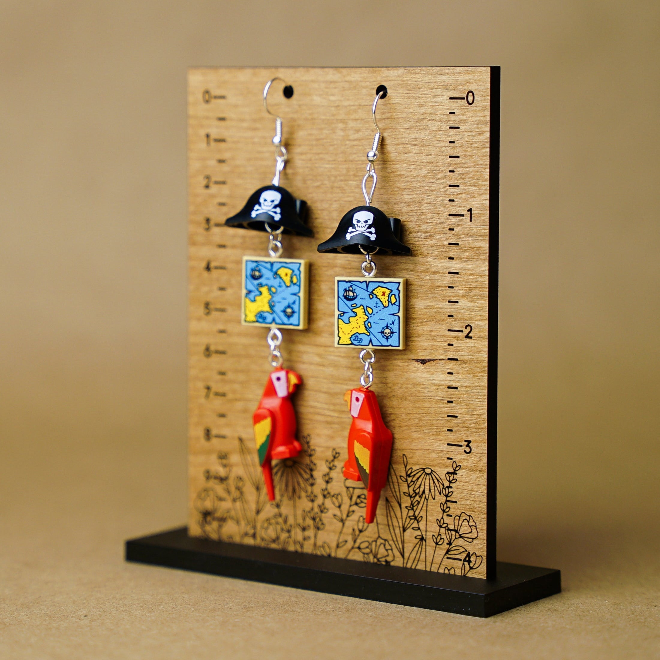 StudBee - Caribbean Pirate Earrings, Miniature Treasure Map Parrot Jewelry, Handmade with Lego® - StudBee